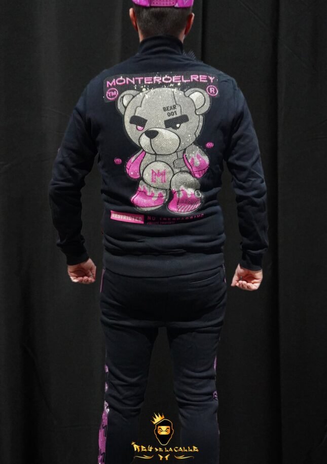 Conjunto Unisex Montero El Rey Negro Pedrería Brillante Oso Gris/Rosa