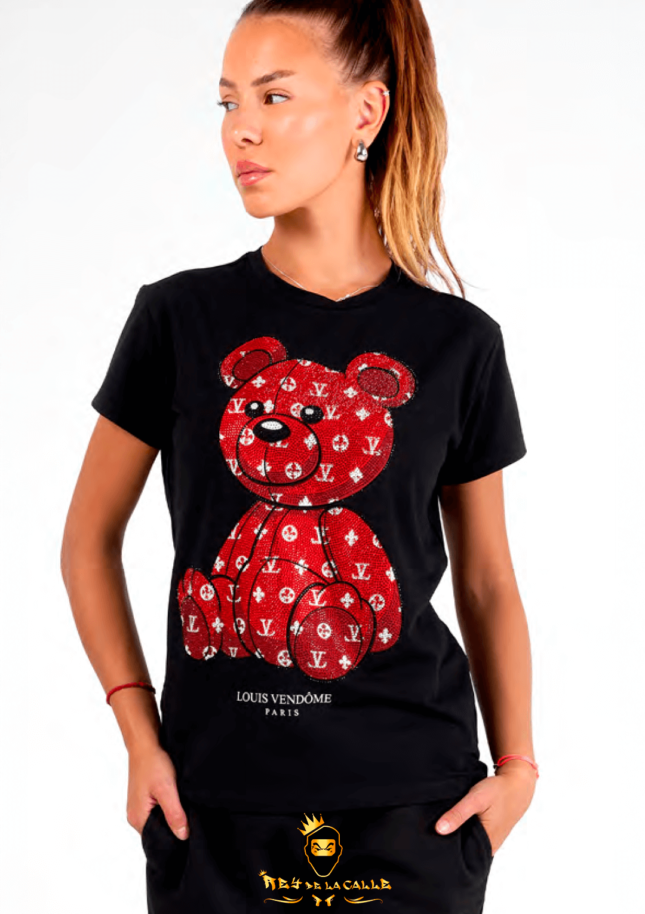 Camiseta Para Chica Louis Vendome Negro Pedrería Brillante Oso Rojo
