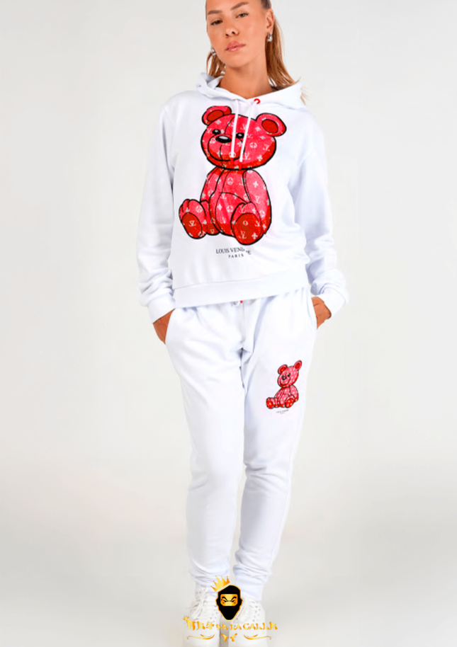 Conjunto Unisex Louis Vendome Blanco Pedrería Brillante Oso Rojo