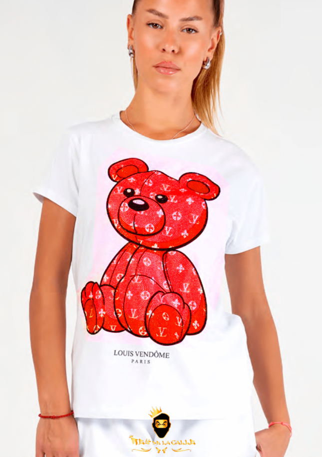 Camiseta Para Chica Louis Vendome Blanca Pedrería Brillante Oso Rojo