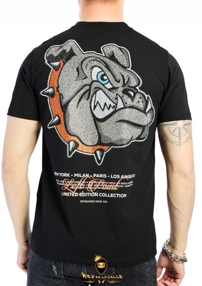 Camiseta Left Point Negra Pedrería Brillante Bulldog Collar Naranja