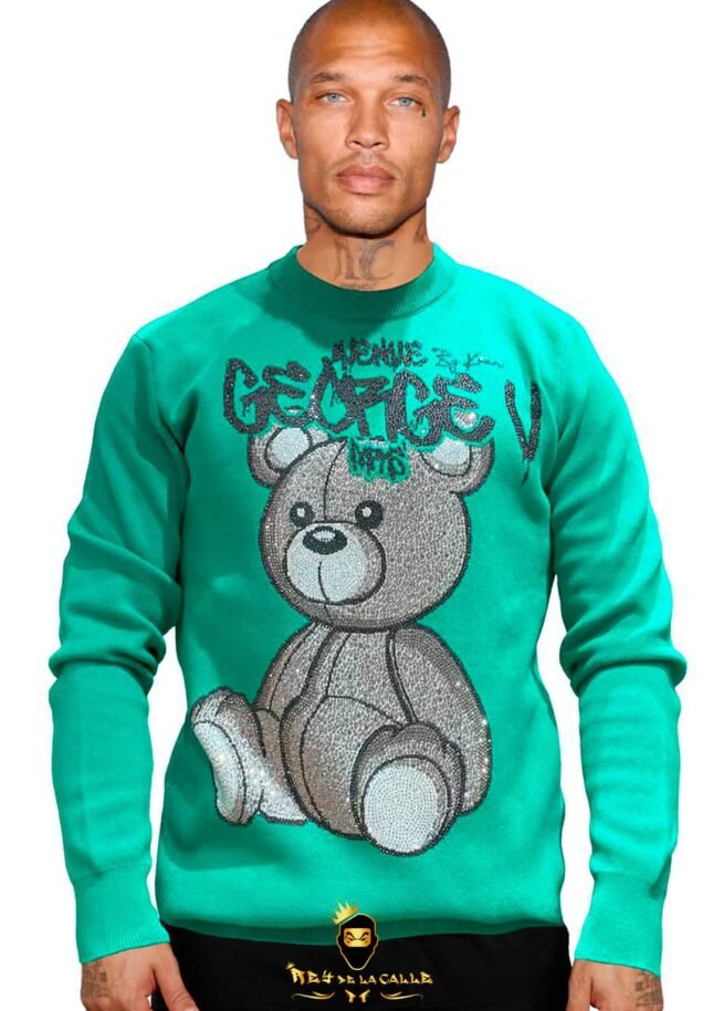 Sudadera Avenue George V París Verde Pedrería Brillante Oso Gris