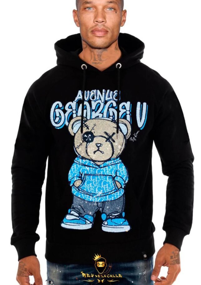 Sudadera Avenue George V París Negra Pedrería Brillante Oso Con Sudadera Azul