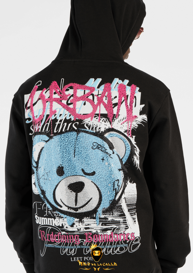 Sudadera Left Point Negra Pedrería Brillante Oso Azul