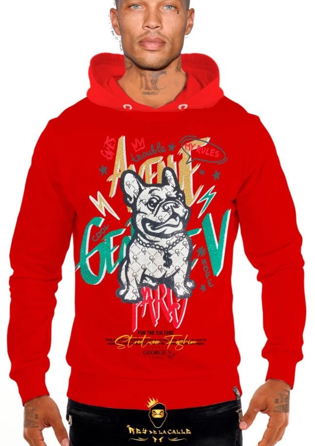 Sudadera Avenue George V París Roja Pedrería Brillante French Bulldog