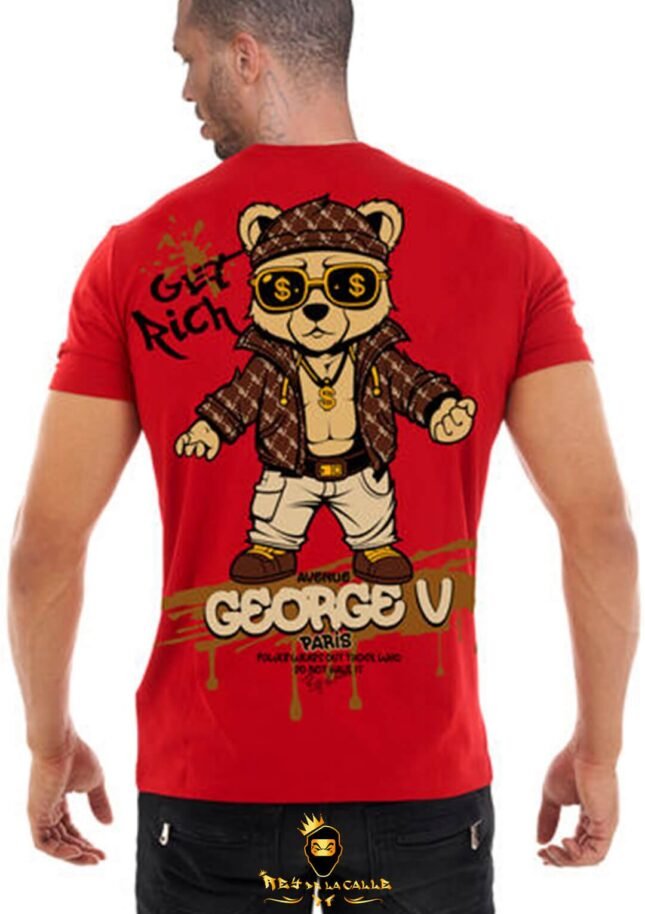 Camiseta Avenue George V París Roja Pedrería Brillante Oso Get Rich