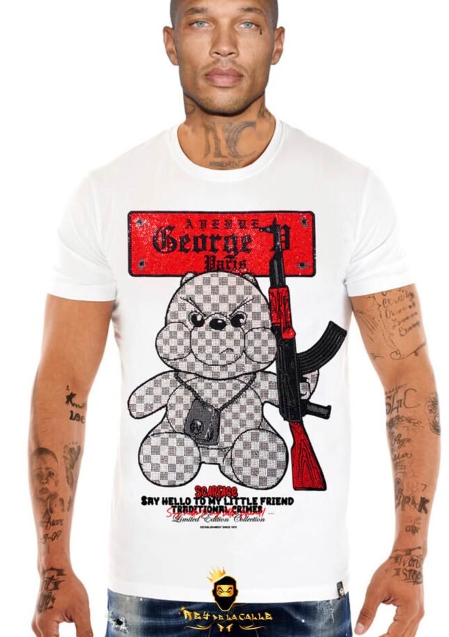 Camiseta Avenue George V París Blanca/Roja Pedrería Brillante Oso Ak47