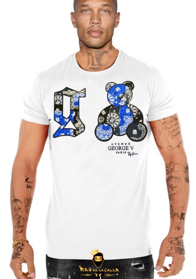 Camiseta Avenue George V París Blanca Pedrería Brillante Oso Azul