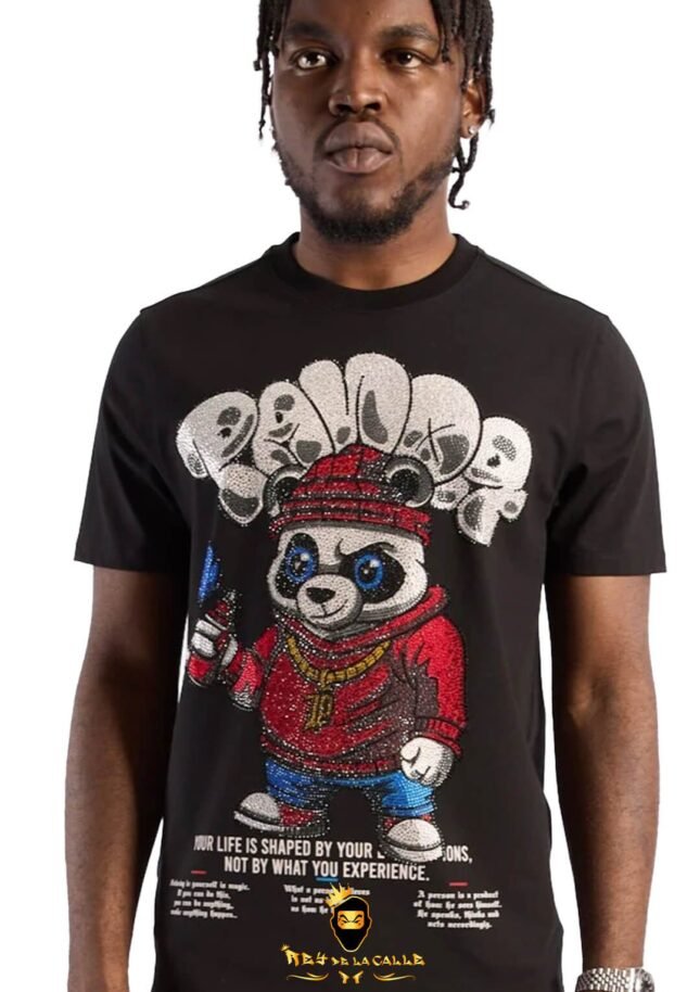 Camiseta Left Point Negra Pedrería Brillante Oso Panda
