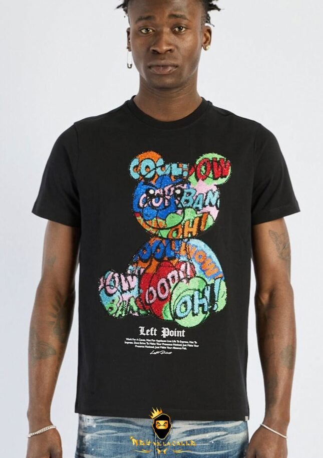 Camiseta Left Point Negra Pedrería Brillante Oso Colorido