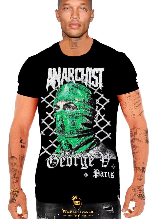 Camiseta Avenue George V París Negra Pedrería Brillante Anarchist