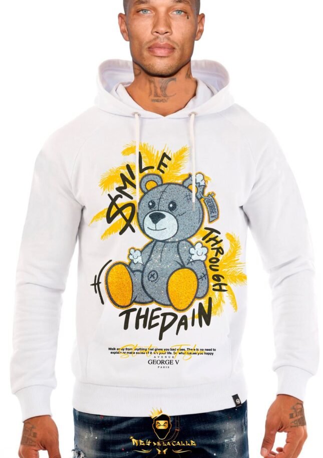 Sudadera Avenue George V París Blanca Pedrería Brillante Oso Smile
