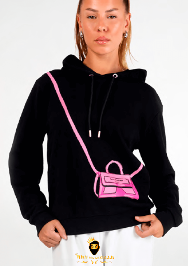 Sudadera Para Chica Louis Vendome Negra Pedrería Brillante Bolso Rosa