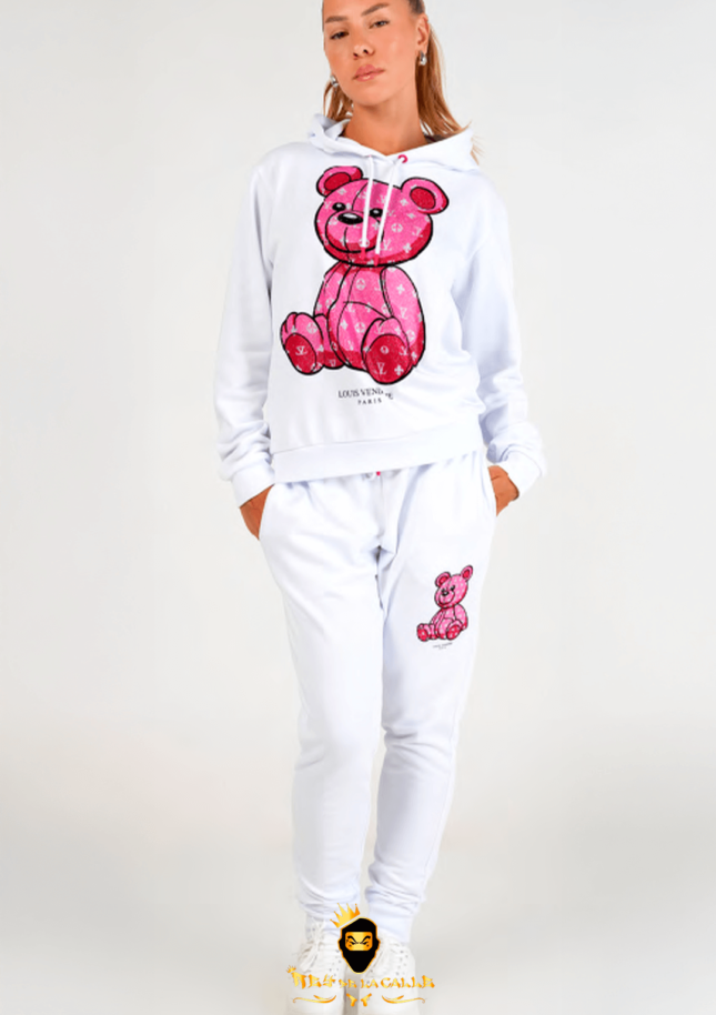 Conjunto Unisex Louis Vendome Blanco Pedrería Brillante Oso Rosa