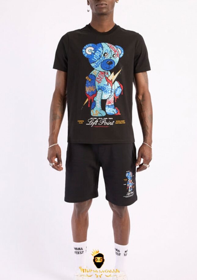 Conjunto Left Point Negro Pedrería Brillante Oso Azul