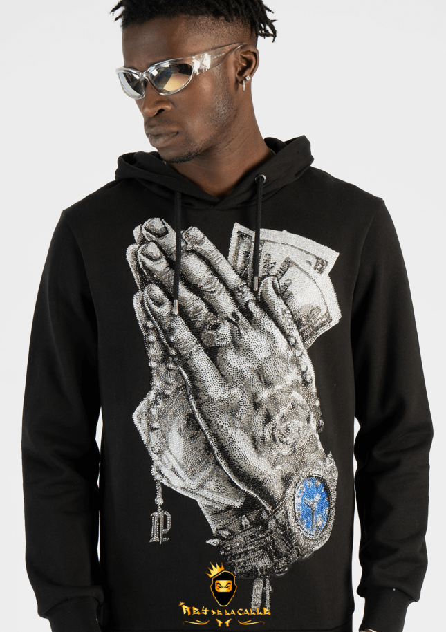 Sudadera Left Point Negra Pedrería Brillante Manos Orando