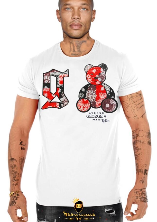 Camiseta Avenue George V París Blanca Pedrería Brillante Oso Rojo