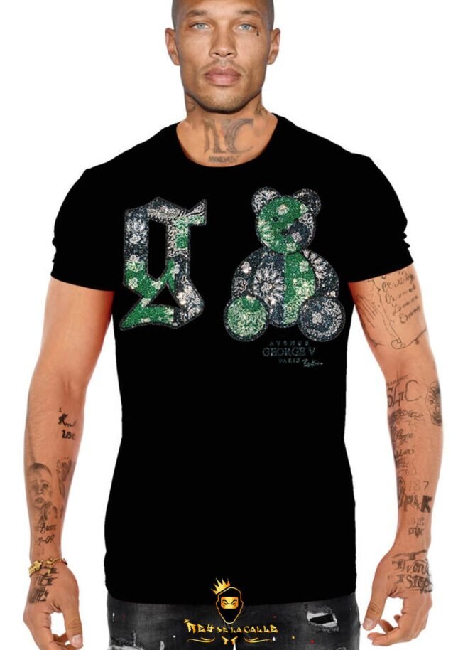 Camiseta Avenue George V París Negra Pedrería Brillante Oso Verde