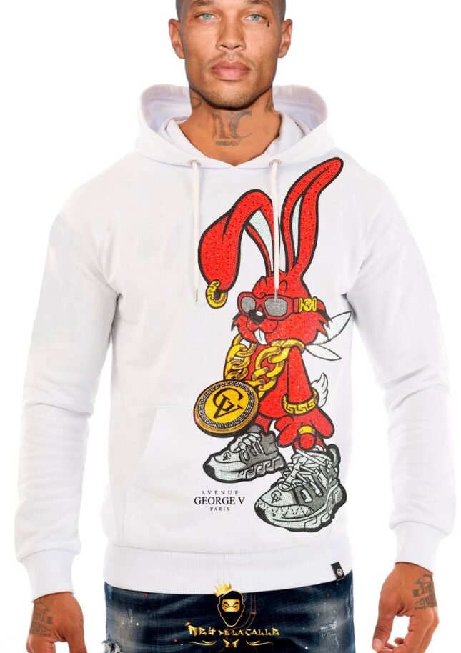 Sudadera Avenue George V París Blanca Pedrería Brillante Conejo Rojo