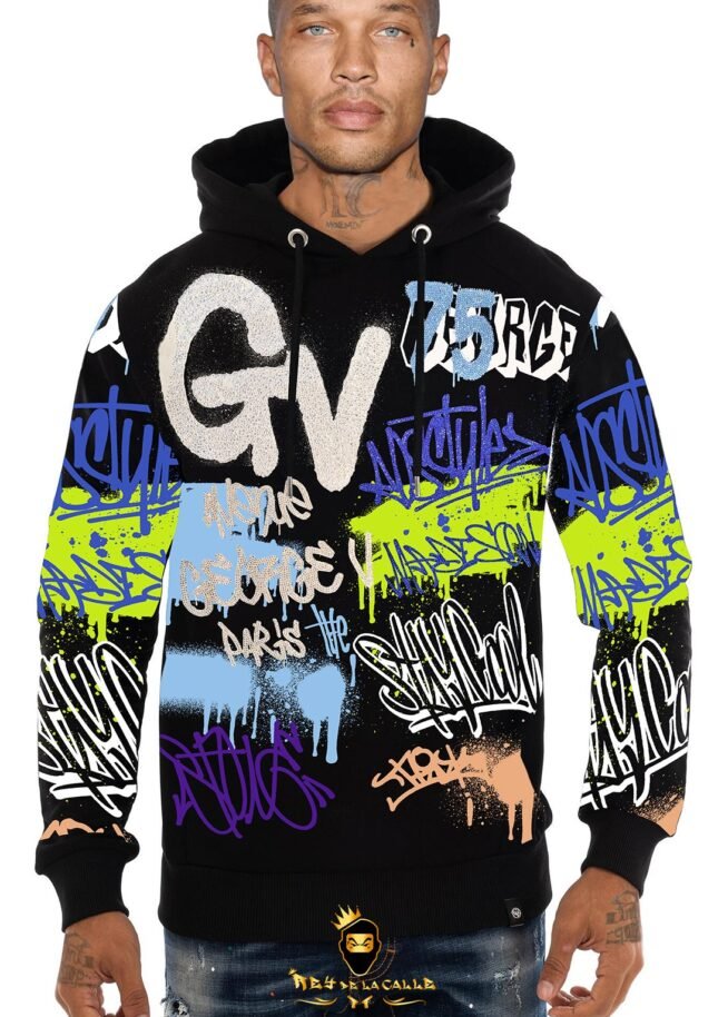 Sudadera Avenue George V París Negra Pedrería Brillante GV Grafittis