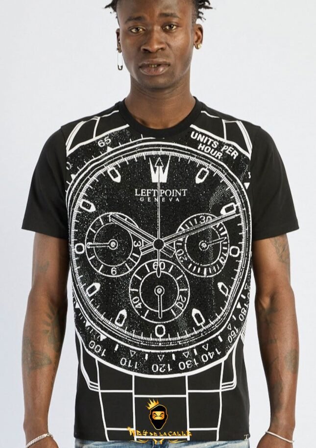 Camiseta Left Point Negra Pedrería Brillante Reloj