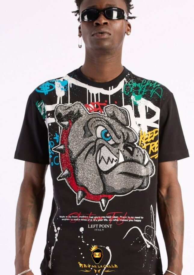 Camiseta Left Point Negra Pedrería Brillante Bulldog