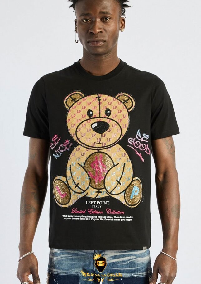 Camiseta Left Point Negra Pedrería Brillante Oso Good