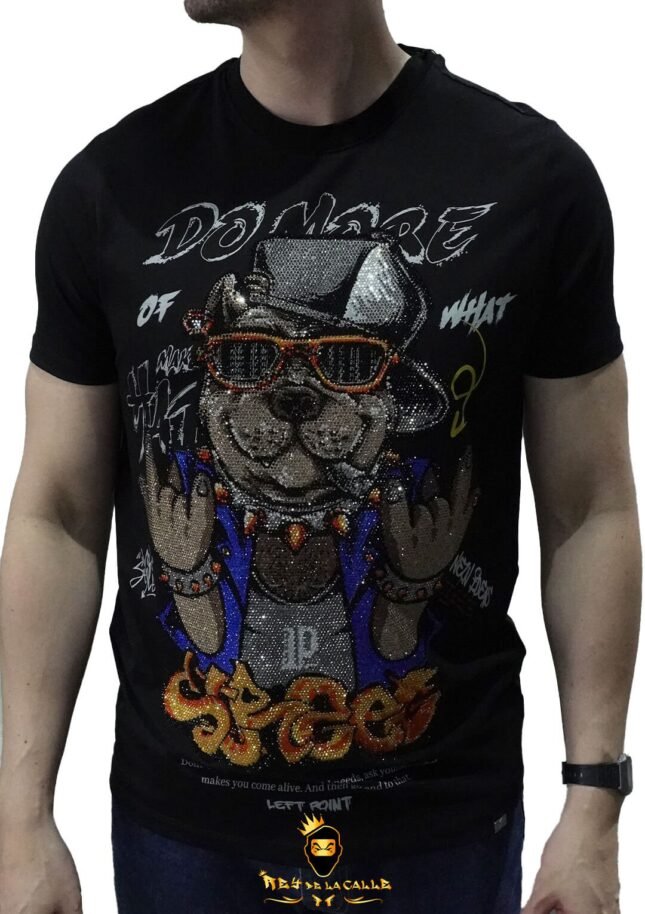 Camiseta Left Point Negra Pedrería Brillante Perro Street