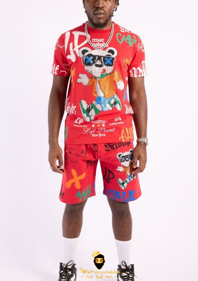 Conjunto Left Point Rojo Pedrería Brillante Oso Trust Nobody