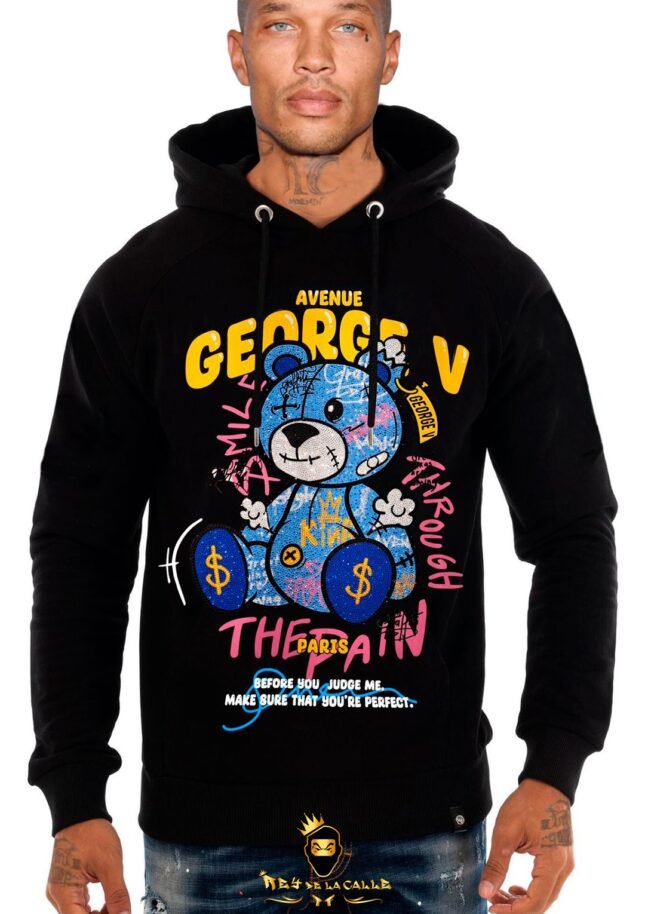 Sudadera Avenue George V París Negra Pedrería Brillante Oso The Pain