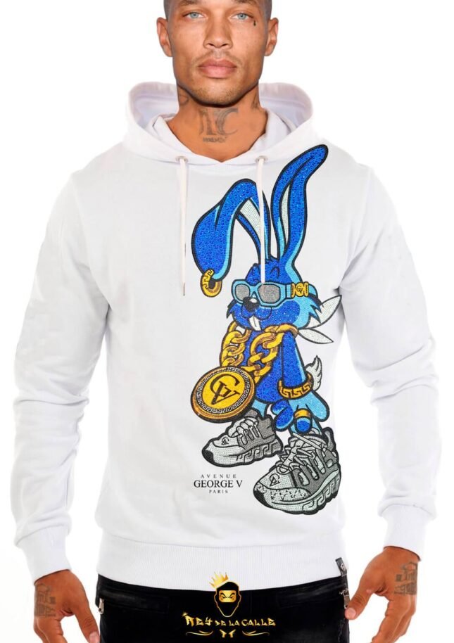 Sudadera Avenue George V París Blanca Pedrería Brillante Conejo Azul