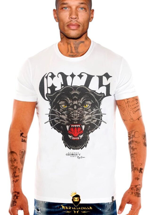 Camiseta Avenue George V París Blanca Pedrería Brillante  Pantera
