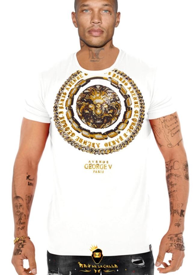 Camiseta Slim Fit Avenue George V París Blanca Pedrería Brillante Sello León