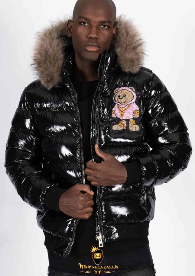 Chaqueta Left Point Negra Pedrería Brillante Oso Suéter Rosa