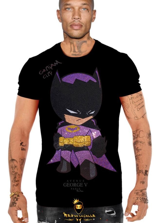Camiseta Avenue George V París Negra Pedrería Brillante Batman