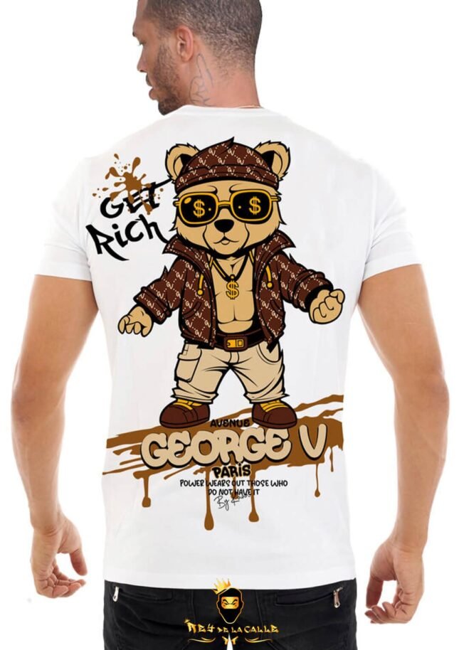 Camiseta Avenue George V París Blanca Pedrería Brillante Oso Get Rich