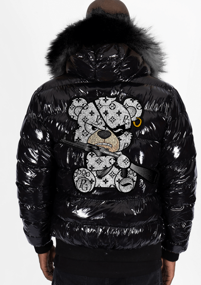 Chaqueta Pirate Gang París Negra Pedrería Brillante Oso Plata Ak47