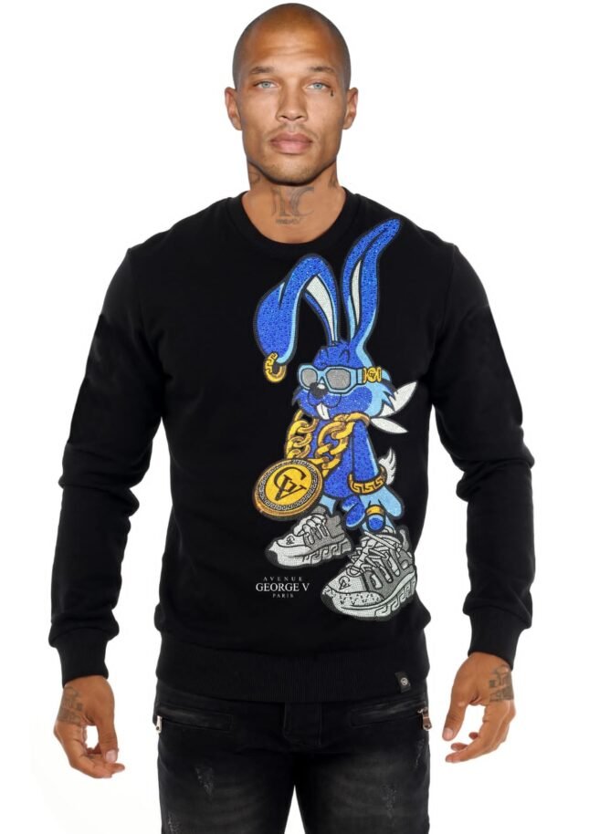 Sudadera Avenue George V París Negra Pedrería Brillante Conejo Azul