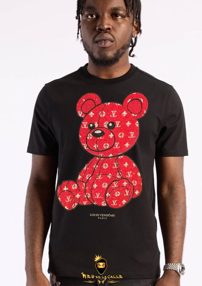 Camiseta Louis Vendome Negra Pedrería Brillante Oso Rojo