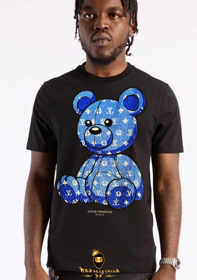 Camiseta Louis Vendome Negra Pedrería Brillante Oso Azul