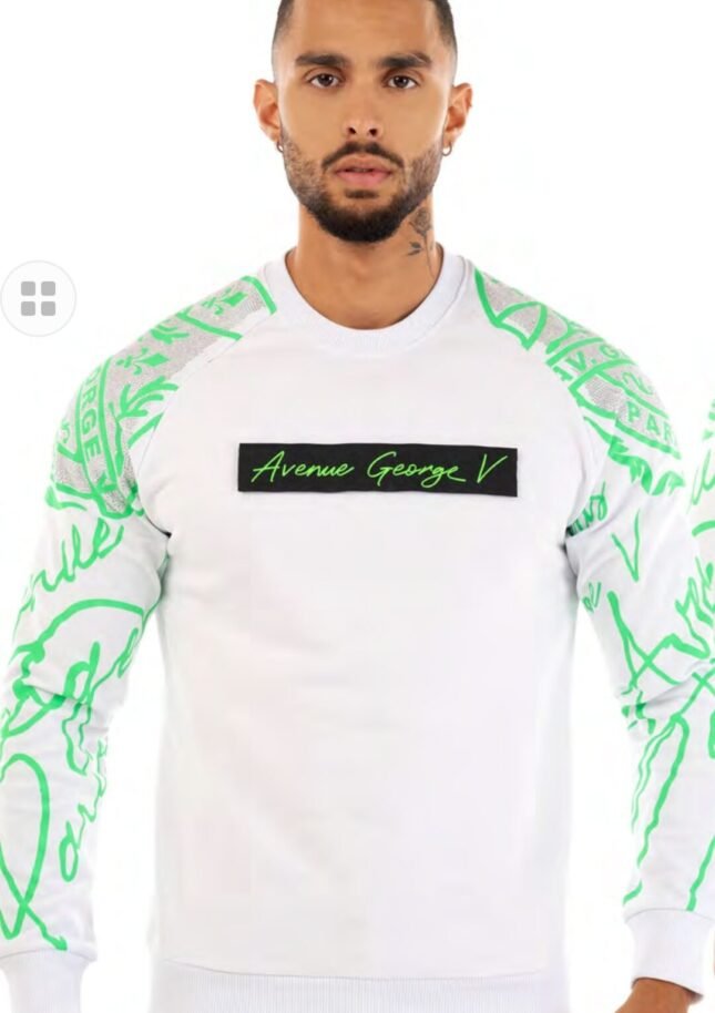 Sudadera Avenue George V París Blanca Pedrería Brillante Mangas Con Verde