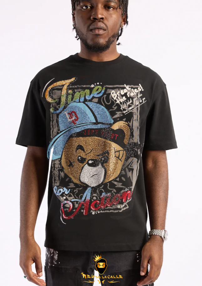 Camiseta Left Point Negra Pedrería Brillante Oso Time For Action