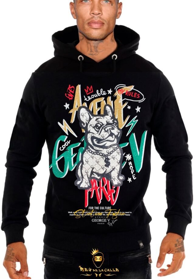 Sudadera Avenue George V París Negra Pedrería Brillante French Bulldog