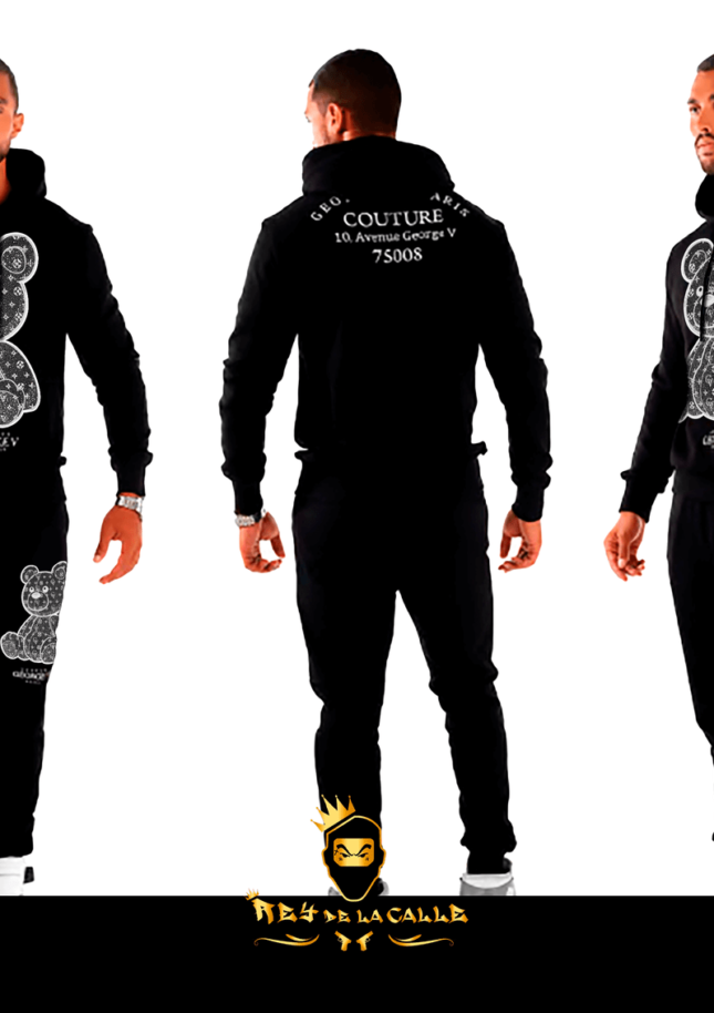 Conjunto Avenue George V París Negro Pedrería Brillante Oso Negro